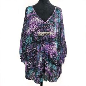Jennifer Lopez XL Animal Print Sheer Tunic Blouse Purple Batwing Boho NWT